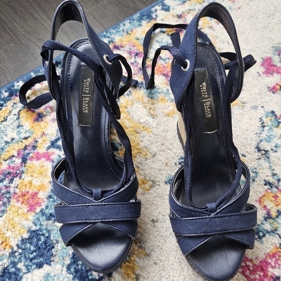 White House Black Market Navy Blue Espradille Ankle-Wrap Wedge Sandals Size 6.5 - Picture 5 of 16